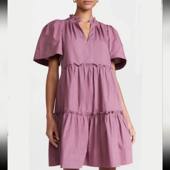 Sea New York Tier Dress Size 8 Mauve Pink Fall Short Sleeve Ruffle Pockets - Picture 6 of 6